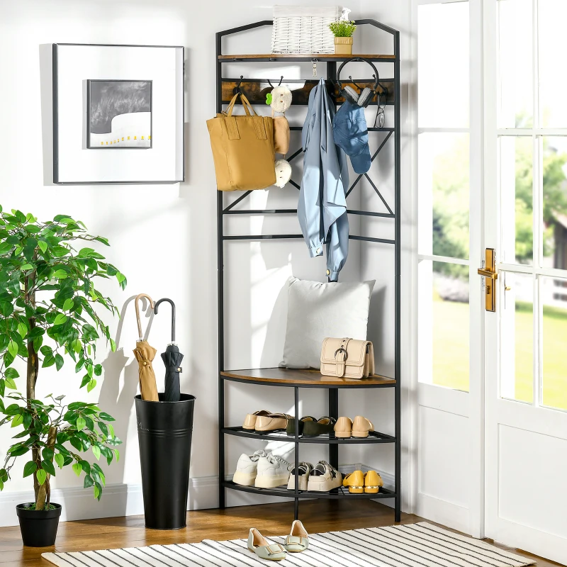 HOMCOM Industrial Corner Hall Tree with Shoe Bench, Entryway Coat Rack, Freestanding Coat Tree with 6 Double Hooks, Rustic Brown