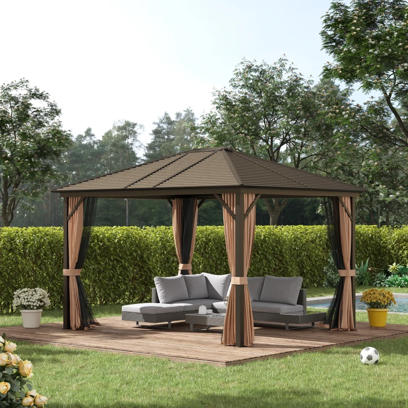 Outsunny 10' x 12' Hardtop Gazebo Steel Covered Gazebo Aluminum Frame Heavy Duty Outdoor Pavilion with Curtains and Netting, Brown