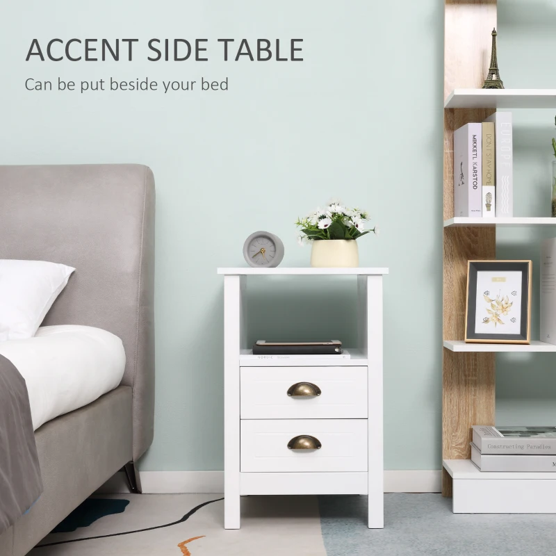 HOMCOM Modern End Table with 2 Drawers and Storage Shelf, Accent Sofa Side Table for Living Room, White