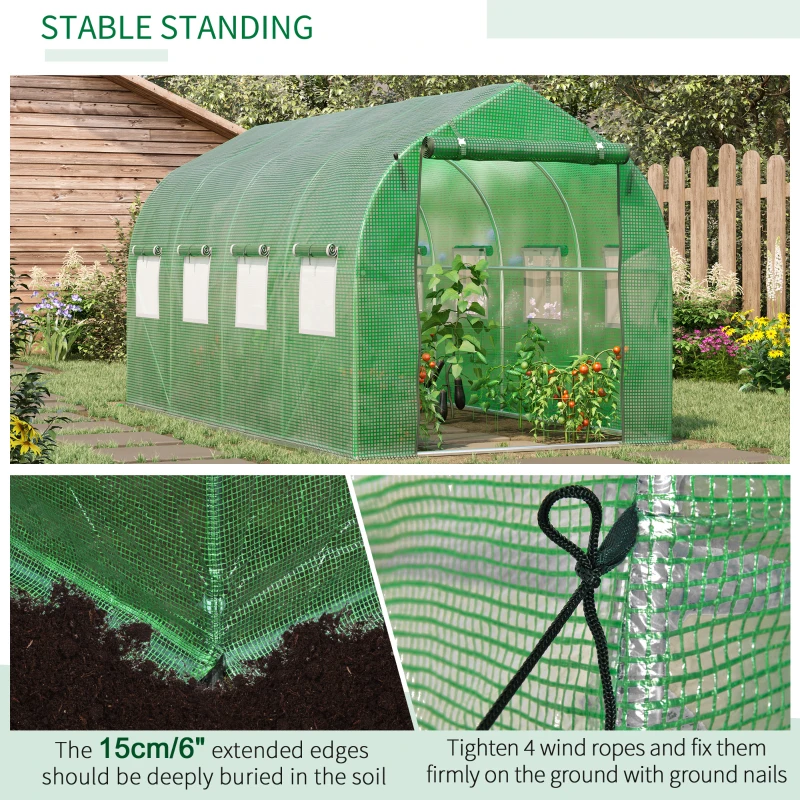 Outsunny 12.5' x 6.3' x 6.4' Steeple Walk-in Tunnel Greenhouse Garden Plant Seed Grow Tent Polythene with Windows and Door Green