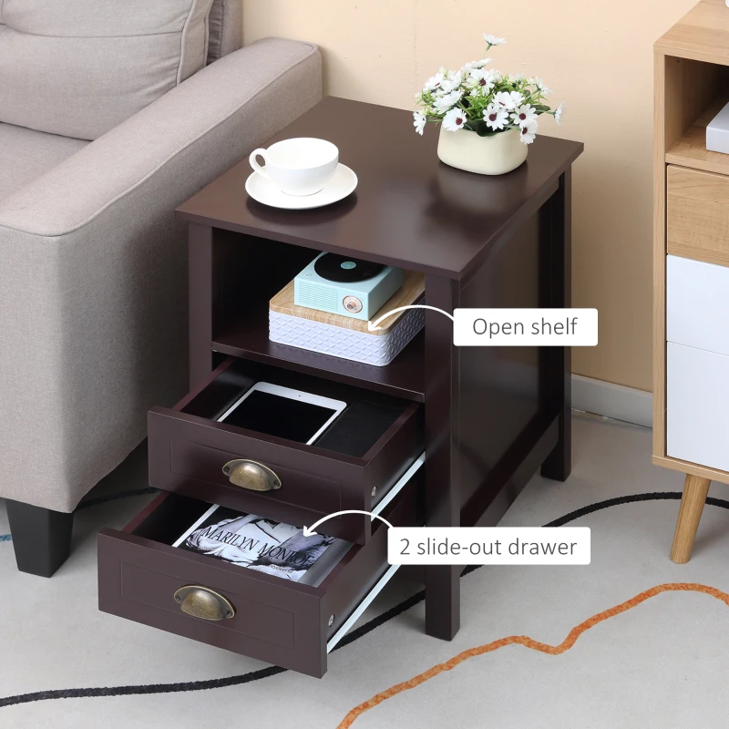 HOMCOM Modern End Table with 2 Drawers and Storage Shelf, Accent Sofa Side Table for Living Room, Coffee