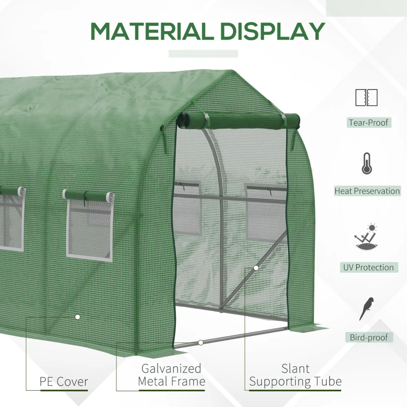 Outsunny 12.5' x 6.3' x 6.4' Steeple Walk-in Tunnel Greenhouse Garden Plant Seed Grow Tent Polythene with Windows and Door Green