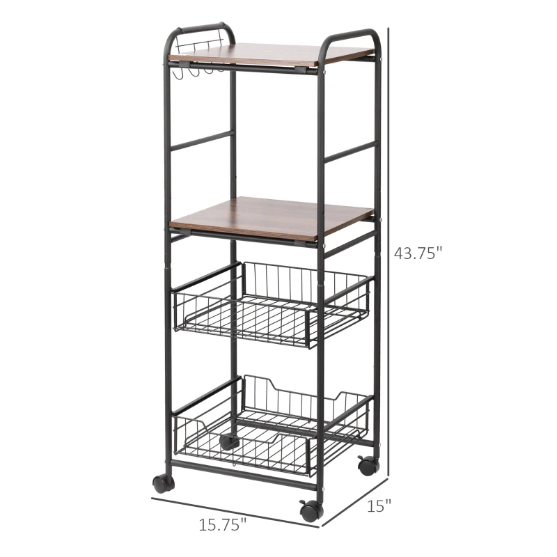 HOMCOM Kitchen Cart with Storage, 16"W Slim Rolling Cart, 4 Tier Kitchen Shelves on Wheels with Side Racks, 2 Basket for Fruit Vegetable, Utility Cart for Narrow Space, Laundry, Walnut