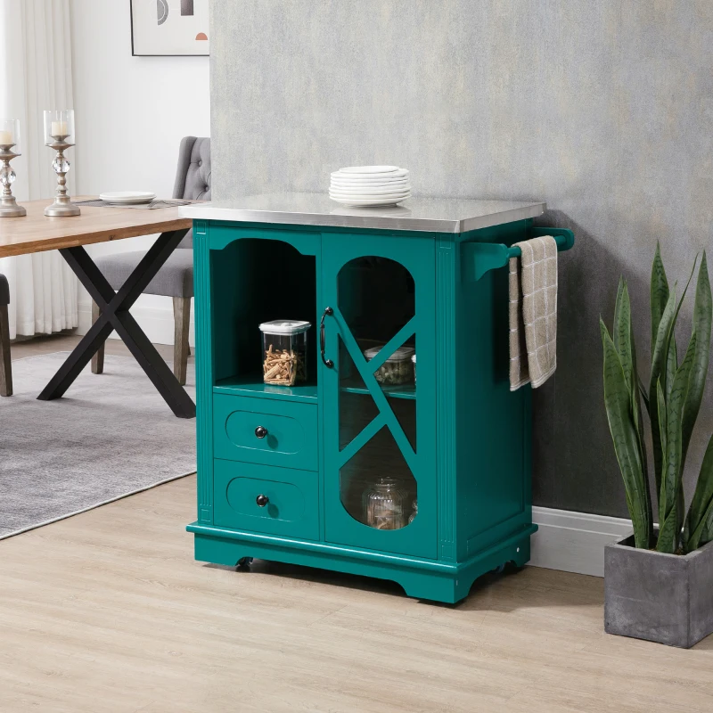 HOMCOM Rolling Kitchen Island Storage Cart, Kitchen Cabinet with Stainless Steel Top, Glass Door & Drawers for Kitchen, Green