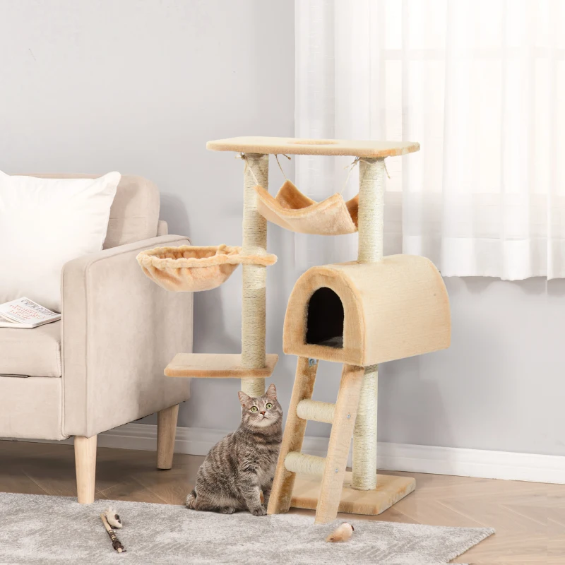 PawHut 39" Deluxe Cat Tree Tower Scratching Post Kitten Condo Activity Center Deep Cream