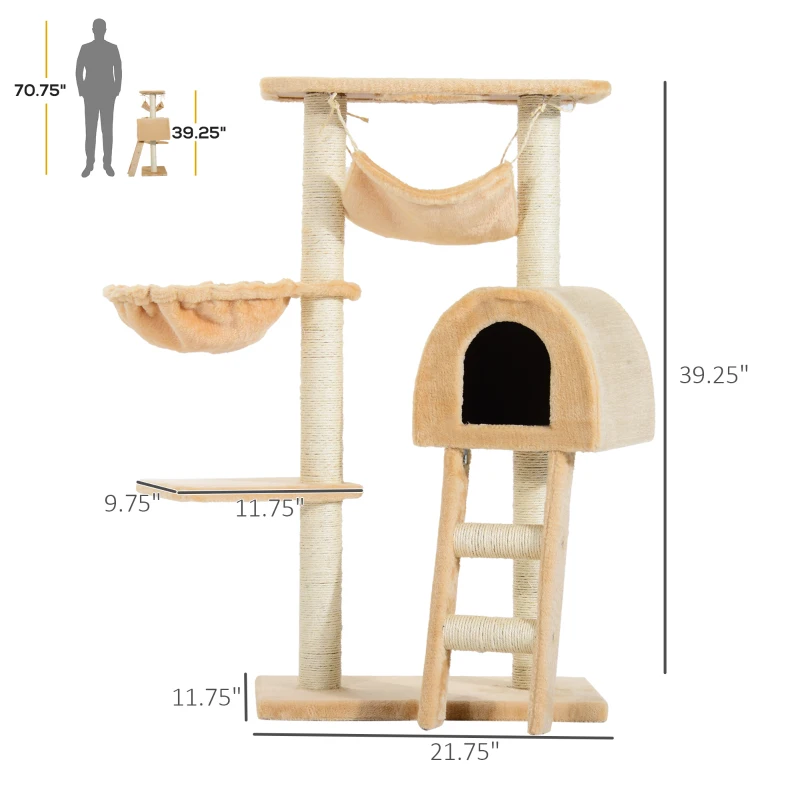PawHut 39" Deluxe Cat Tree Tower Scratching Post Kitten Condo Activity Center Deep Cream