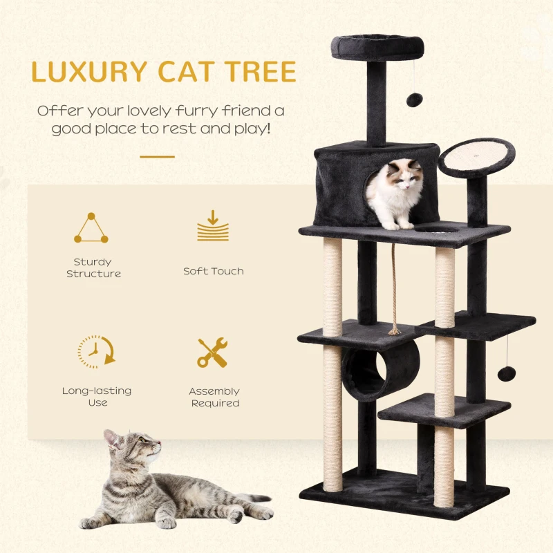 PawHut 67.75" Cat tree Tower Climbing Kitten Activity Center Furniture with Jute Scratching Post Pad Condo Perch Hanging Balls Tunnel Teasing Rope Dark Grey