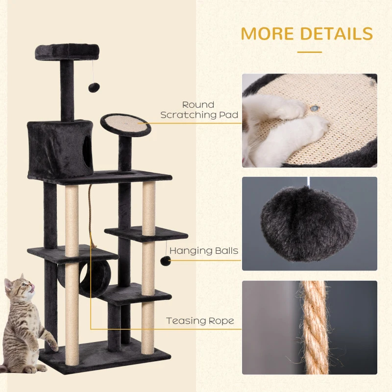 PawHut 67.75" Cat tree Tower Climbing Kitten Activity Center Furniture with Jute Scratching Post Pad Condo Perch Hanging Balls Tunnel Teasing Rope Dark Grey