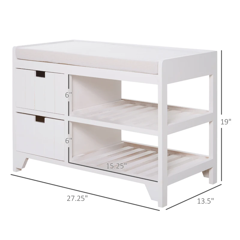 HOMCOM Compact Rustic Padded Wooden Shoe Rack Bench Organizer With Drawers - Country White