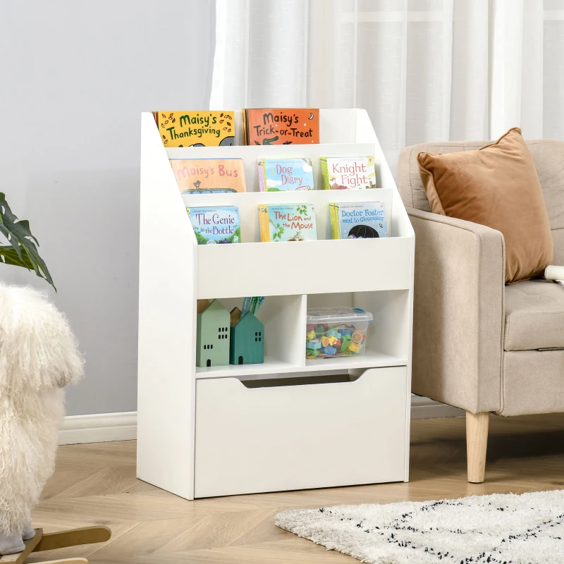 HOMCOM Kids Bookcase Multi-Shelf Book Rack with Mobile Drawer for Books, Toys, White