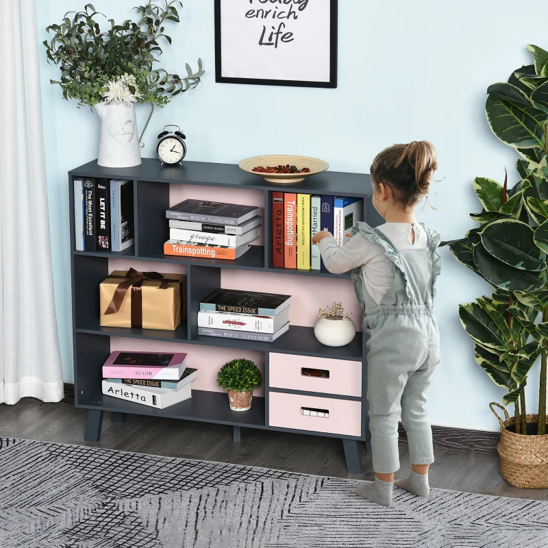 HOMCOM 3-Tier Child Bookcase Open Shelves Cabinet Floor Standing Cube Storage Organizer with Drawers - Pink