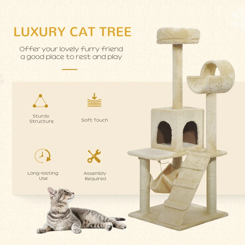 Pawhut Luxury 52Inch Cat Scratching Tree Condo Pet Bed Furniture Kitten Scratch Activity Center with HAMMOCK, Beige
