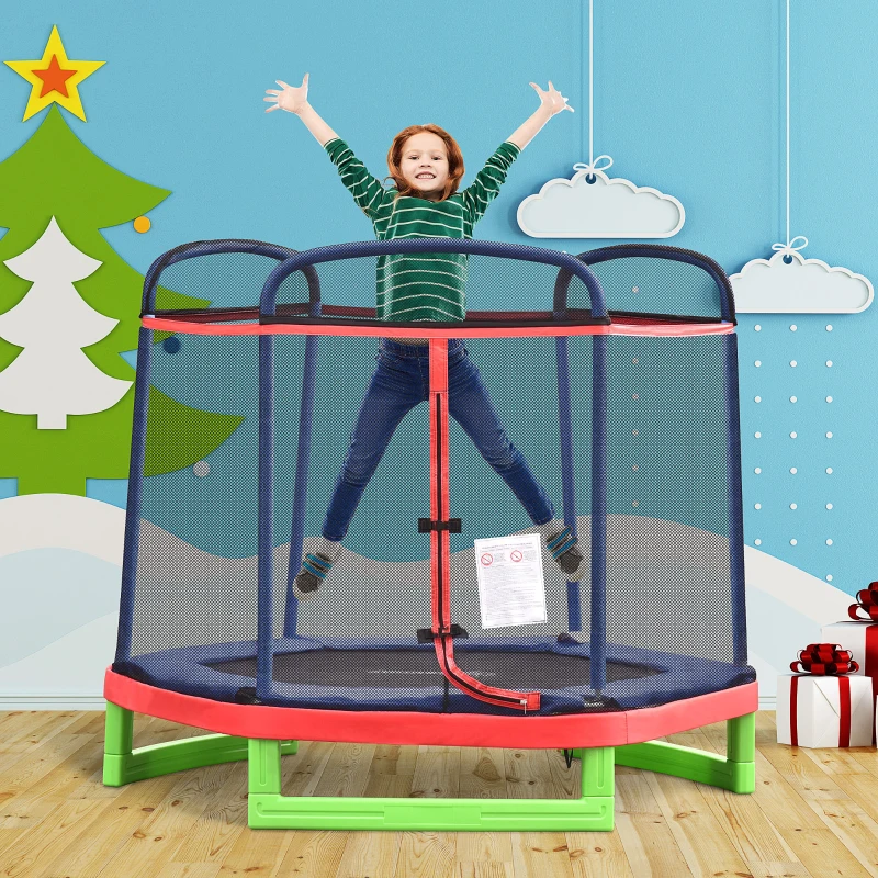 Outsunny 7FT Kids Trampoline, Durable Bouncer Spring Gym Toy Indoor/Outdoor with Safety Net Enclosure, Padded Cover, Fun Exercise Activity for Children, Red