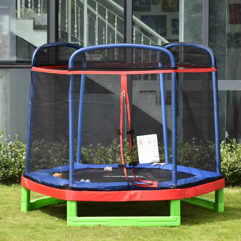 Outsunny 7FT Kids Trampoline, Durable Bouncer Spring Gym Toy Indoor/Outdoor with Safety Net Enclosure, Padded Cover, Fun Exercise Activity for Children, Red