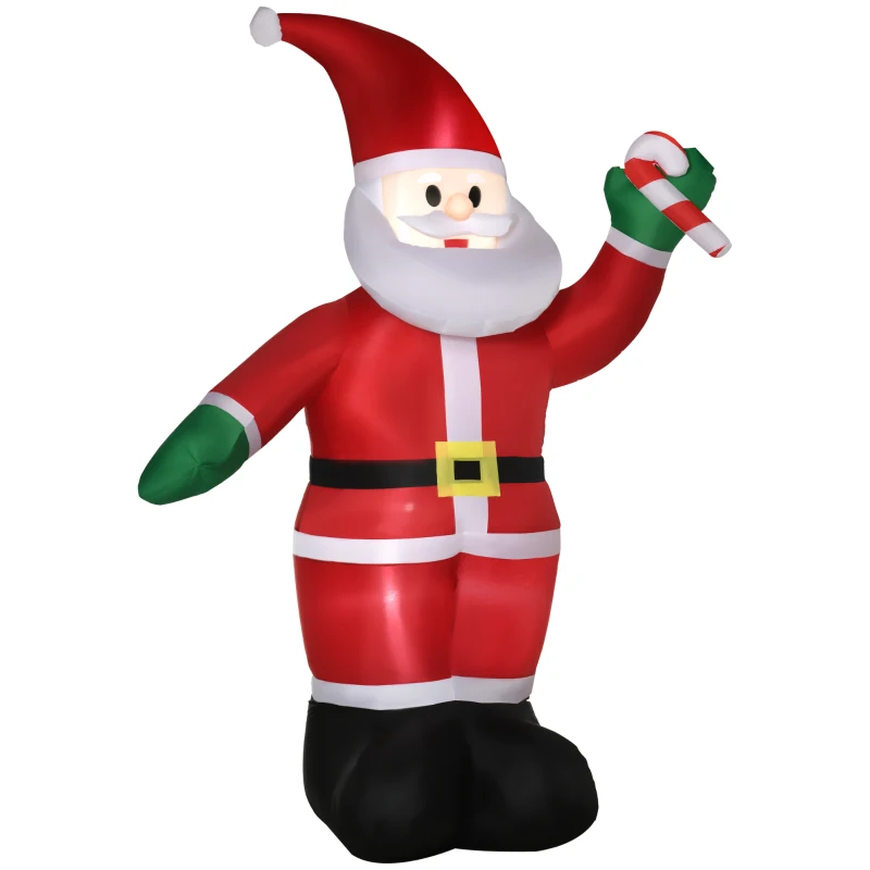 Outsunny 8ft Christmas Inflatables Outdoor Decorations Santa Claus Holds Candy Cane with Furry Beard, Blow-Up LED Yard Christmas Decor for Lawn Garden Party