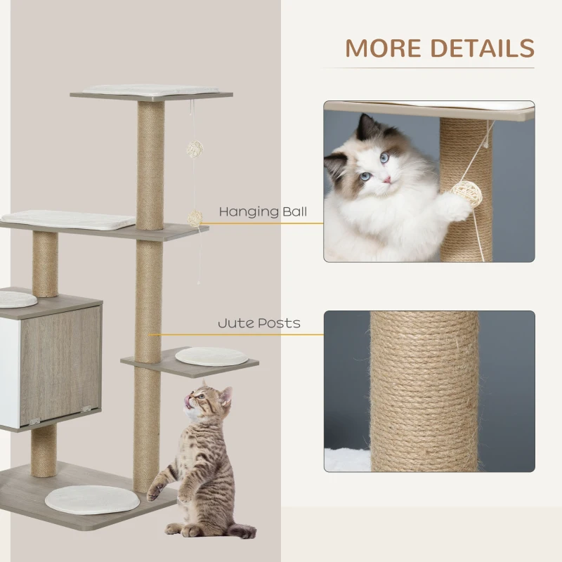 PawHut Cat tree Tower Climbing Activity Center Kitten Furniture with Jute Scratching Post Condo Ramp Perch Cushions Velcro Dangling Balls 23.5" x 19" x 48" Light Grey