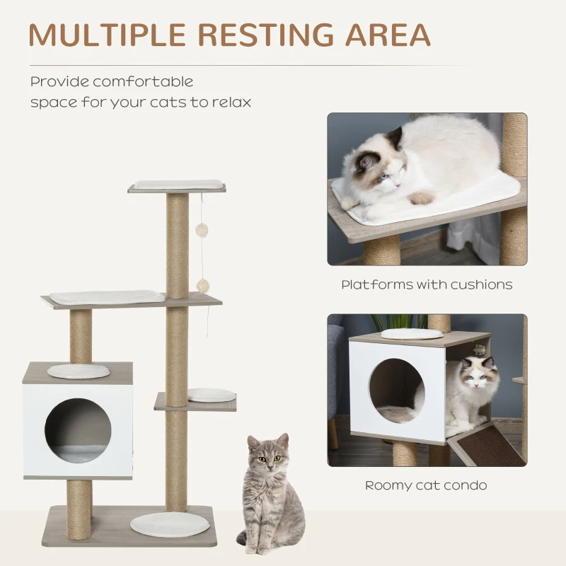 PawHut Cat tree Tower Climbing Activity Center Kitten Furniture with Jute Scratching Post Condo Ramp Perch Cushions Velcro Dangling Balls 23.5" x 19" x 48" Light Grey