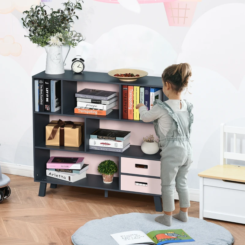 HOMCOM 3-Tier Child Bookcase Open Shelves Cabinet Floor Standing Cube Storage Organizer with Drawers - Pink