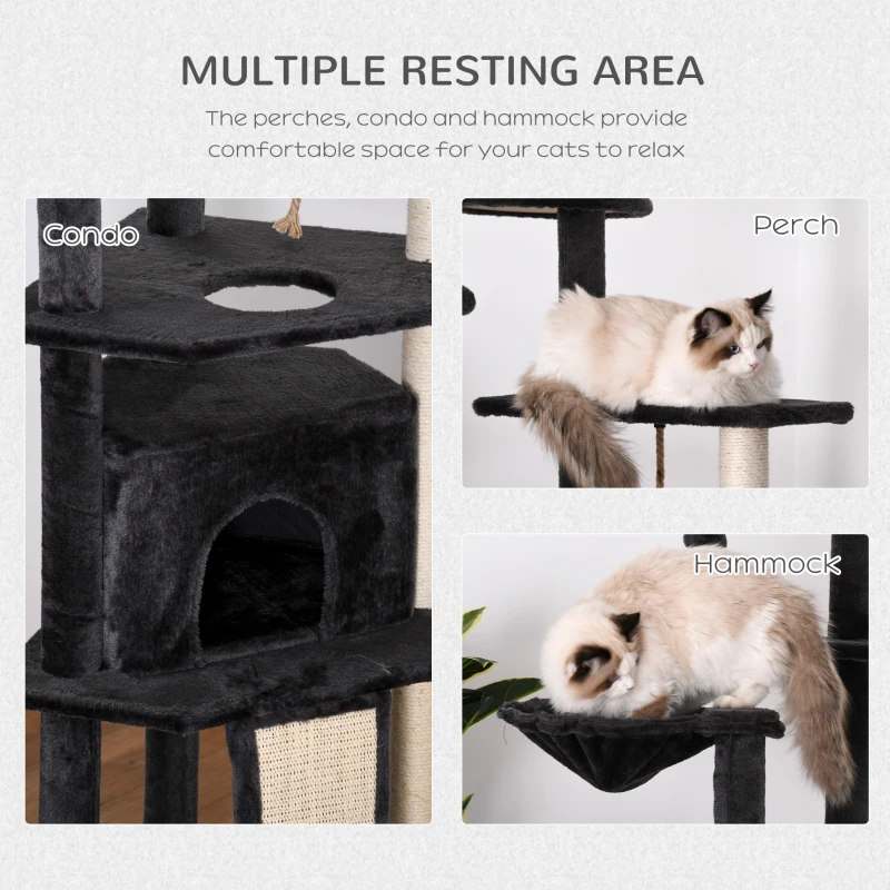 PawHut Huge Cat Tree Floor to Ceiling Adjustable 82.75"-94.5" Activity Center High Kitten Multi-Level Condo with Scratching Post Pad Hammock Hanging Ball Jute Dark Grey