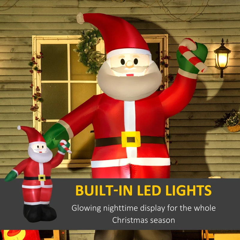 Outsunny 8ft Christmas Inflatables Outdoor Decorations Santa Claus Holds Candy Cane with Furry Beard, Blow-Up LED Yard Christmas Decor for Lawn Garden Party