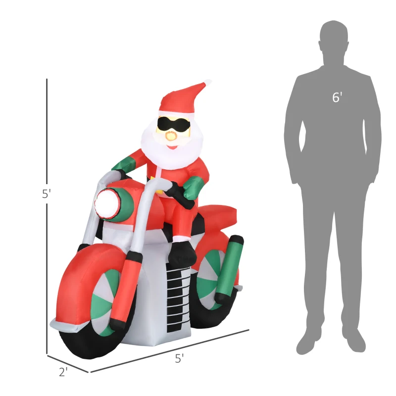 Outsunny 5ft Christmas Inflatable Santa Claus with Sunglasses on Motorcycle, Blow-Up Outdoor LED Yard Display for Lawn Garden Party