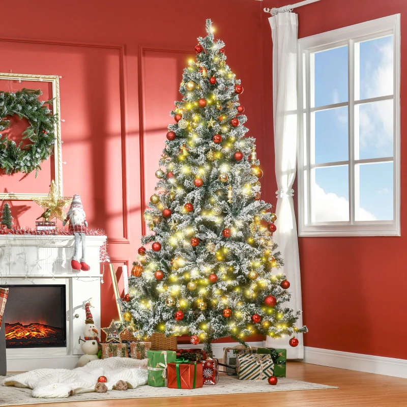 HOMCOM 7.5ft Tall Pre-Lit Snow-Flocked Artificial Christmas Tree with Realistic Branches, 550 Warm White LED Lights and 1346 Tips