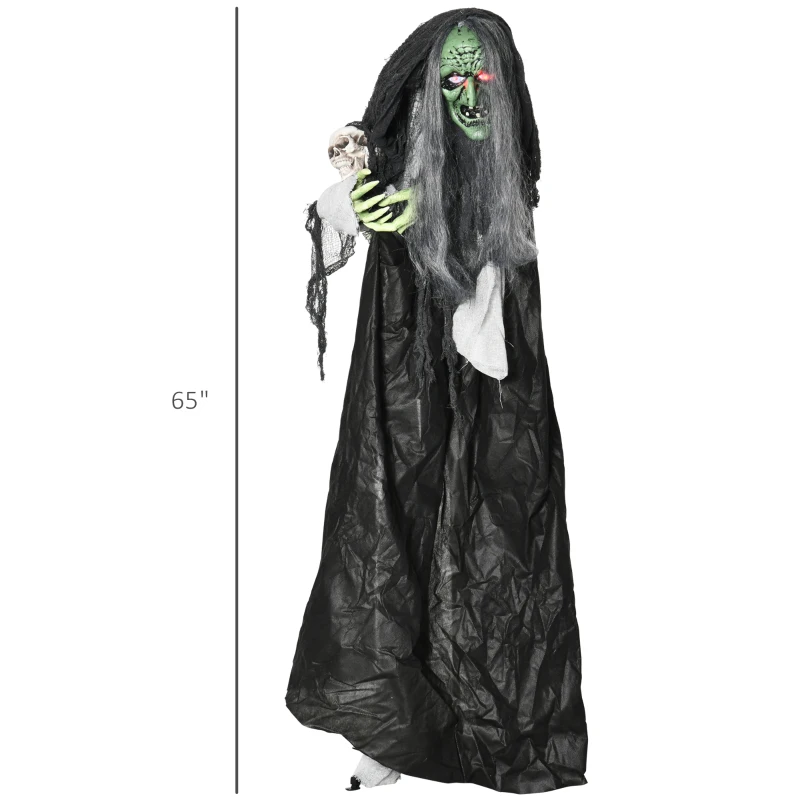 Outsunny 65" Life Size Outdoor Halloween Decorations Green Witch with Skull, Animated Prop Animatronic Décor with  Sound and Motion Activated, Light Up Eyes, Spooky Scream Sound