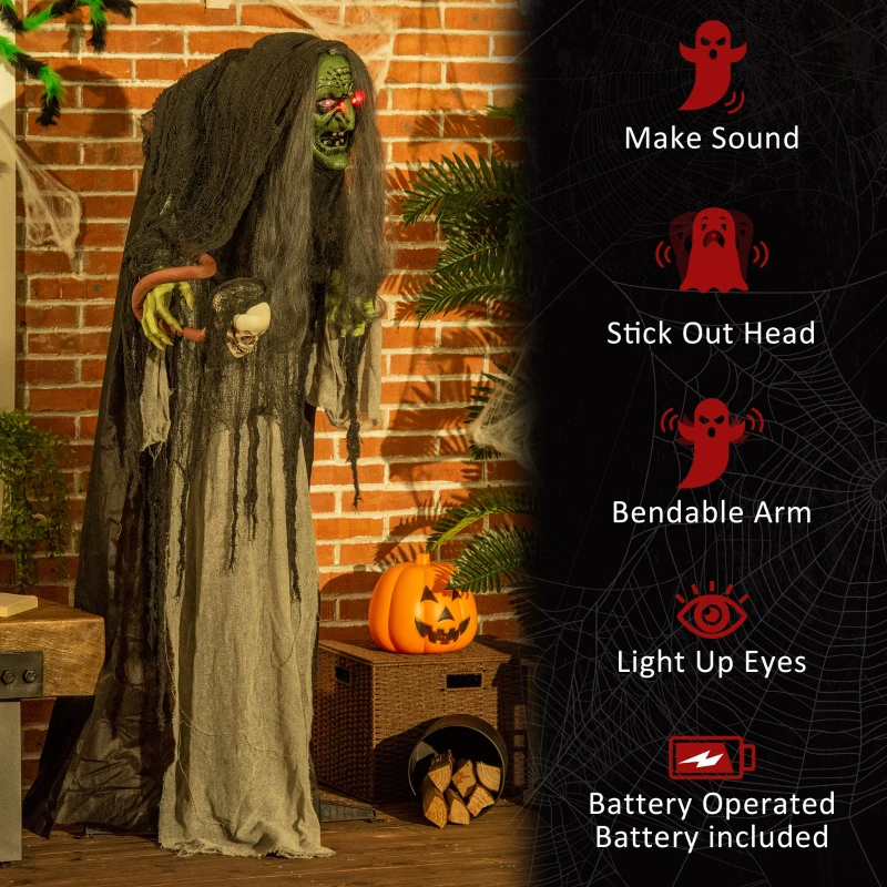 Outsunny 65" Life Size Outdoor Halloween Decorations Green Witch with Skull, Animated Prop Animatronic Décor with  Sound and Motion Activated, Light Up Eyes, Spooky Scream Sound