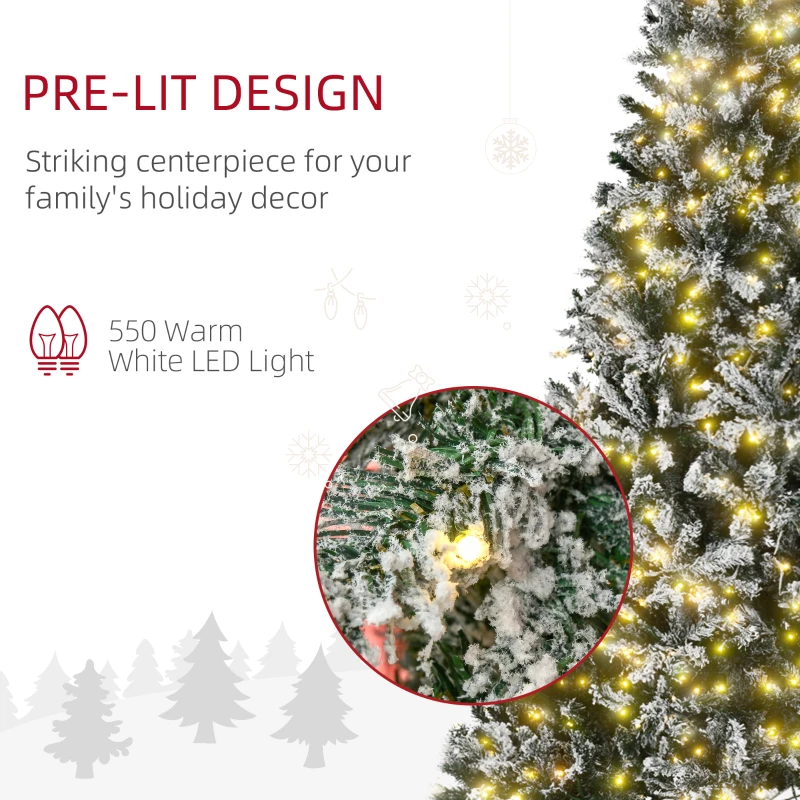 HOMCOM 7.5ft Tall Pre-Lit Snow-Flocked Artificial Christmas Tree with Realistic Branches, 550 Warm White LED Lights and 1346 Tips