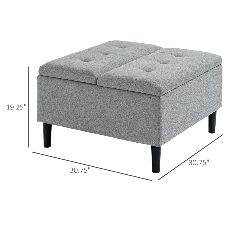 HOMCOM 30" Square Storage Ottoman, Upholstered Ottoman Coffee Table with Lift Top, Button Tufted and Wood Legs, Accent Footstool for Living Room, Light Gray