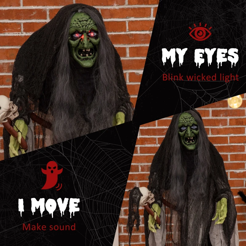 Outsunny 65" Life Size Outdoor Halloween Decorations Green Witch with Skull, Animated Prop Animatronic Décor with  Sound and Motion Activated, Light Up Eyes, Spooky Scream Sound