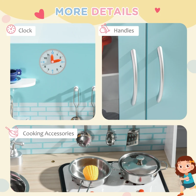 Qaba Wooden Play Kitchen, Kids Kitchen Playset with Sound Effects and Lights, Children's Imaginative Pretend Toy with Faucet Clock, 3-6 Years Old, Blue