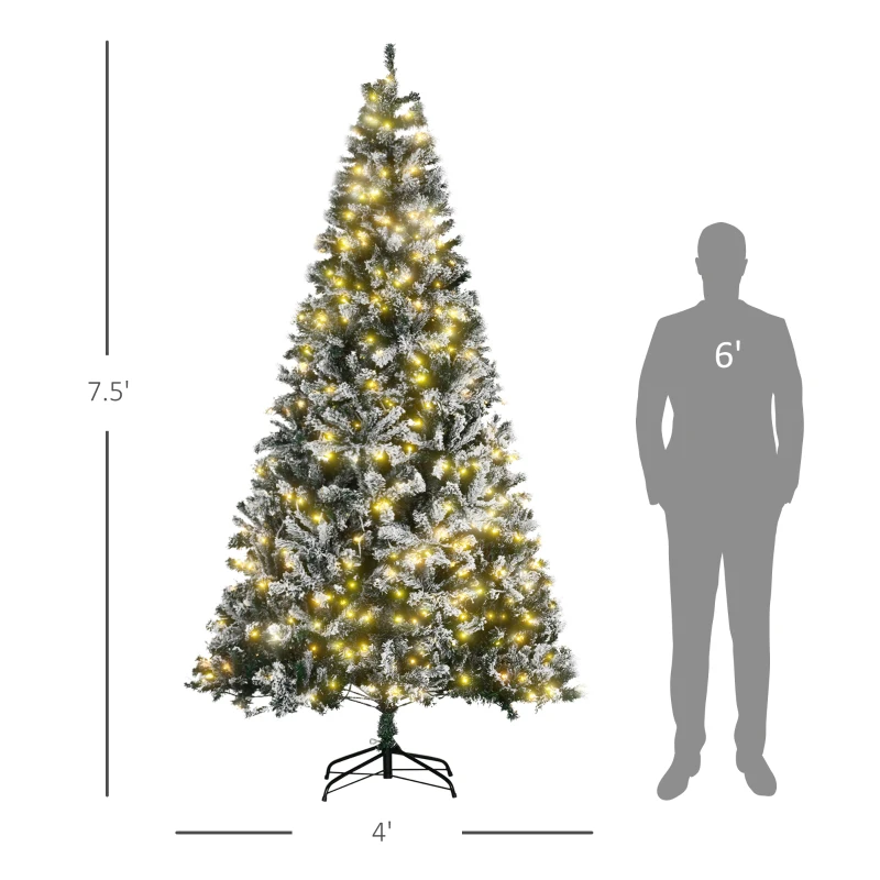 HOMCOM 7.5ft Tall Pre-Lit Snow-Flocked Artificial Christmas Tree with Realistic Branches, 550 Warm White LED Lights and 1346 Tips