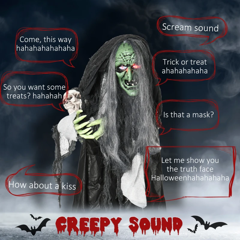 Outsunny 65" Life Size Outdoor Halloween Decorations Green Witch with Skull, Animated Prop Animatronic Décor with  Sound and Motion Activated, Light Up Eyes, Spooky Scream Sound