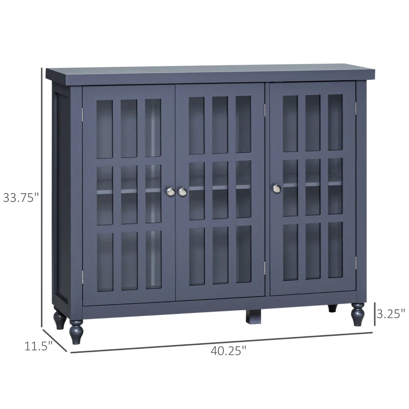 HOMCOM Sideboard, Buffet Cabinet with 3 Tempered Glass Doors, Stripe Pattern and Adjustable Storage Shelf, Credenza, Gray
