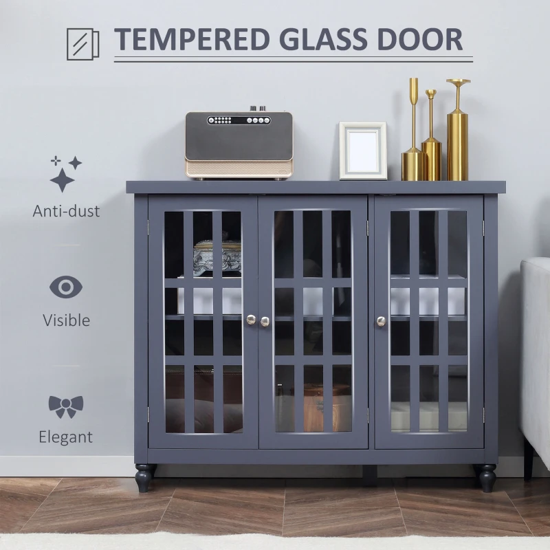 HOMCOM Sideboard, Buffet Cabinet with 3 Tempered Glass Doors, Stripe Pattern and Adjustable Storage Shelf, Credenza, Gray