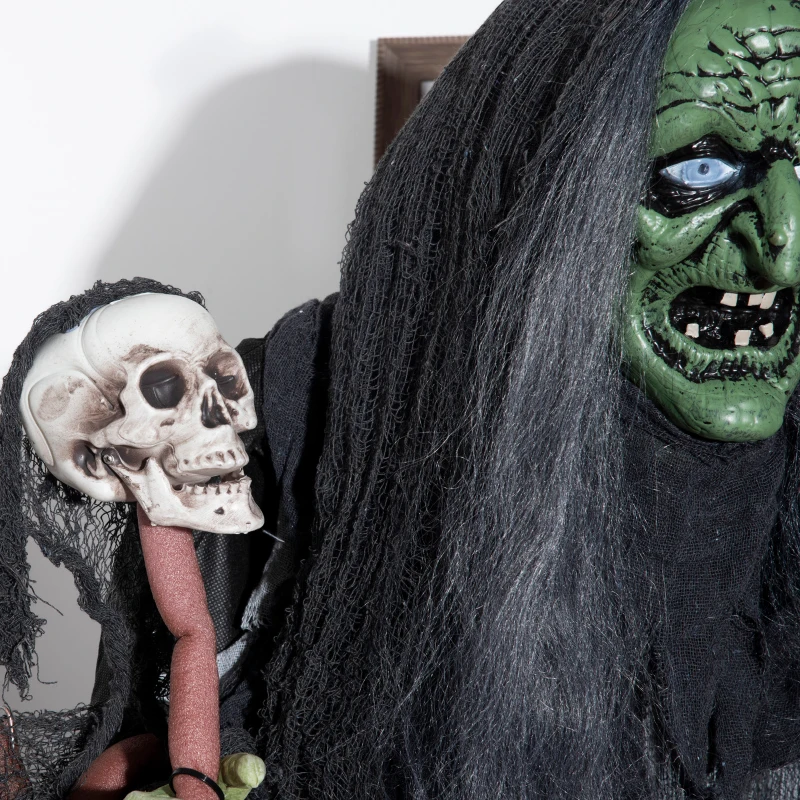 Outsunny 65" Life Size Outdoor Halloween Decorations Green Witch with Skull, Animated Prop Animatronic Décor with  Sound and Motion Activated, Light Up Eyes, Spooky Scream Sound
