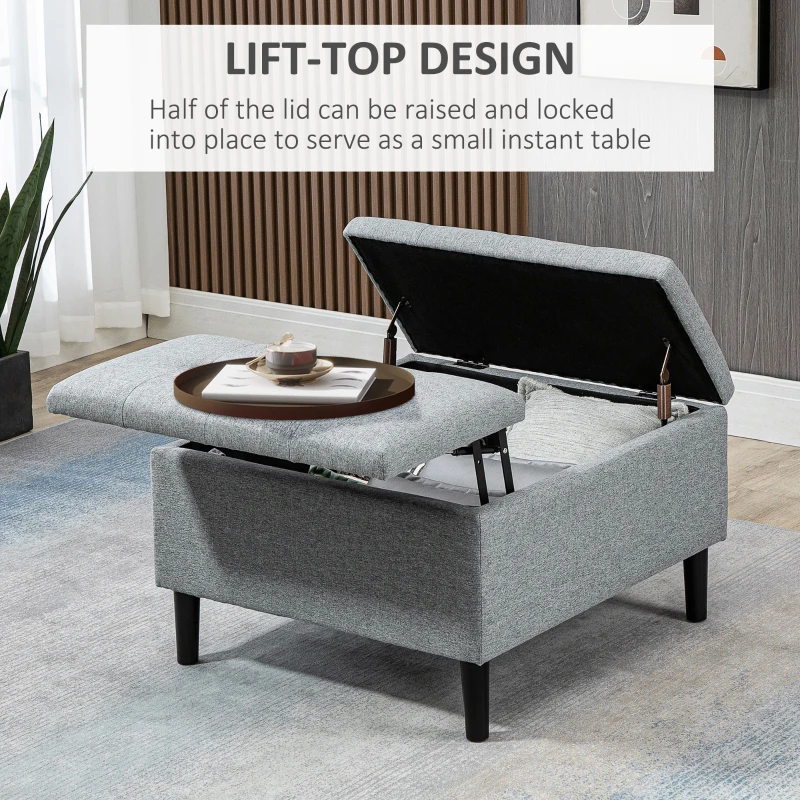 HOMCOM 30" Square Storage Ottoman, Upholstered Ottoman Coffee Table with Lift Top, Button Tufted and Wood Legs, Accent Footstool for Living Room, Light Gray