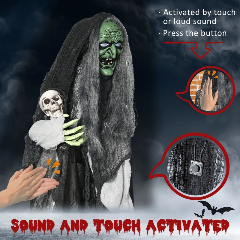 Outsunny 65" Life Size Outdoor Halloween Decorations Green Witch with Skull, Animated Prop Animatronic Décor with  Sound and Motion Activated, Light Up Eyes, Spooky Scream Sound