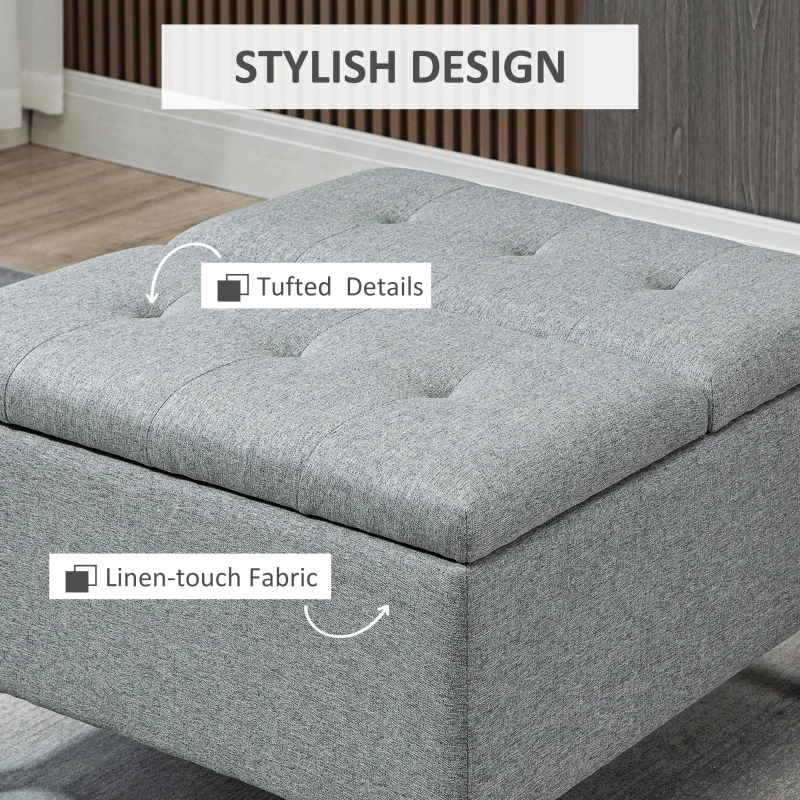 HOMCOM 30" Square Storage Ottoman, Upholstered Ottoman Coffee Table with Lift Top, Button Tufted and Wood Legs, Accent Footstool for Living Room, Light Gray