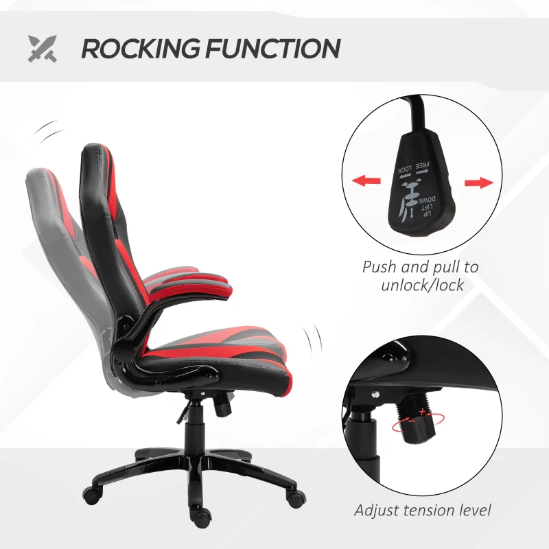 Vinsetto Office Chair Multi-functional Racing Gaming Chair Adjustable Height with Flip-up Armrest Wheels Swivel Red Black