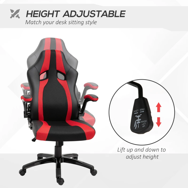 Vinsetto Office Chair Multi-functional Racing Gaming Chair Adjustable Height with Flip-up Armrest Wheels Swivel Red Black