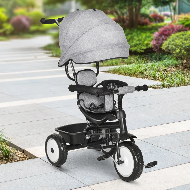Qaba Baby Tricycle 2 In 1 Baby Stroller Kid Trike with Adjustable Canopy Grey