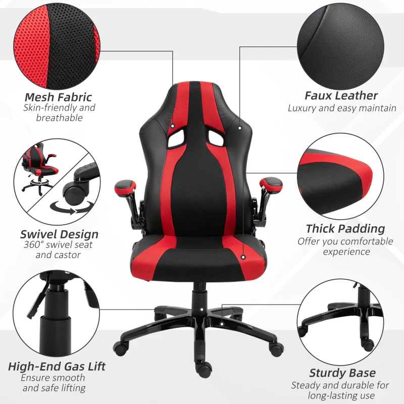 Vinsetto Office Chair Multi-functional Racing Gaming Chair Adjustable Height with Flip-up Armrest Wheels Swivel Red Black