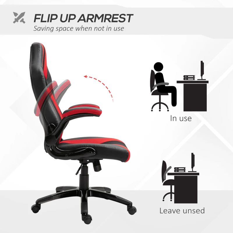 Vinsetto Office Chair Multi-functional Racing Gaming Chair Adjustable Height with Flip-up Armrest Wheels Swivel Red Black
