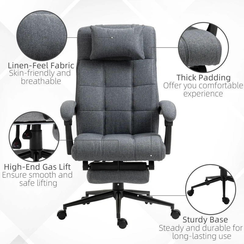 Vinsetto Reclining Office Chair Rolling Swivel Chair Footrest Linen-Feel, Dark Gray