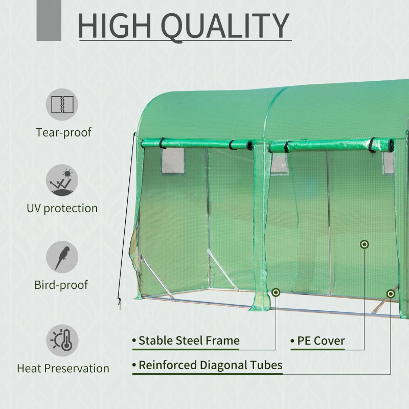 Outsunny 10' x 3' x 7' Tunnel Greenhouse Outdoor Walk-In Hot House with Roll-up Windows and Zippered Door, Steel Frame, PE Cover, Green