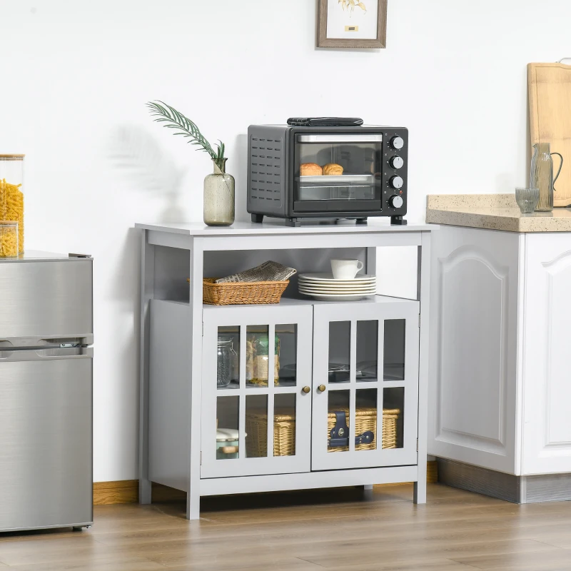 HOMCOM Sideboard Buffet Cabinet with Open Shelf, Glass Doors and Adjustable Shelf, Accent Cabinet for Kitchen, Living Room, Gray