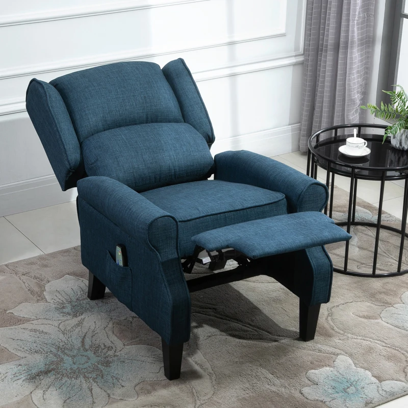 HOMCOM Wingback Heated Vibrating Accent Sofa, Vintage Upholstered Massage Recliner Chair Push-back with Remote Controller, Blue