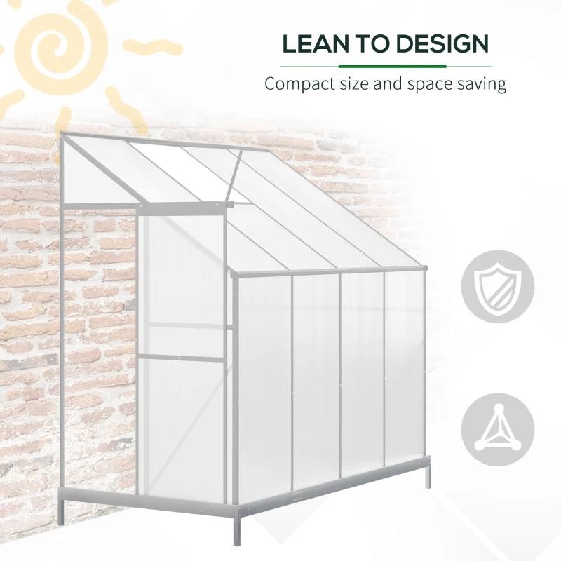 Outsunny Lean-to Greenhouse Walk-in Garden Aluminum Polycarbonate with Roof Vent for Plants Herbs Vegetables 8' x 4' x 7' Silver